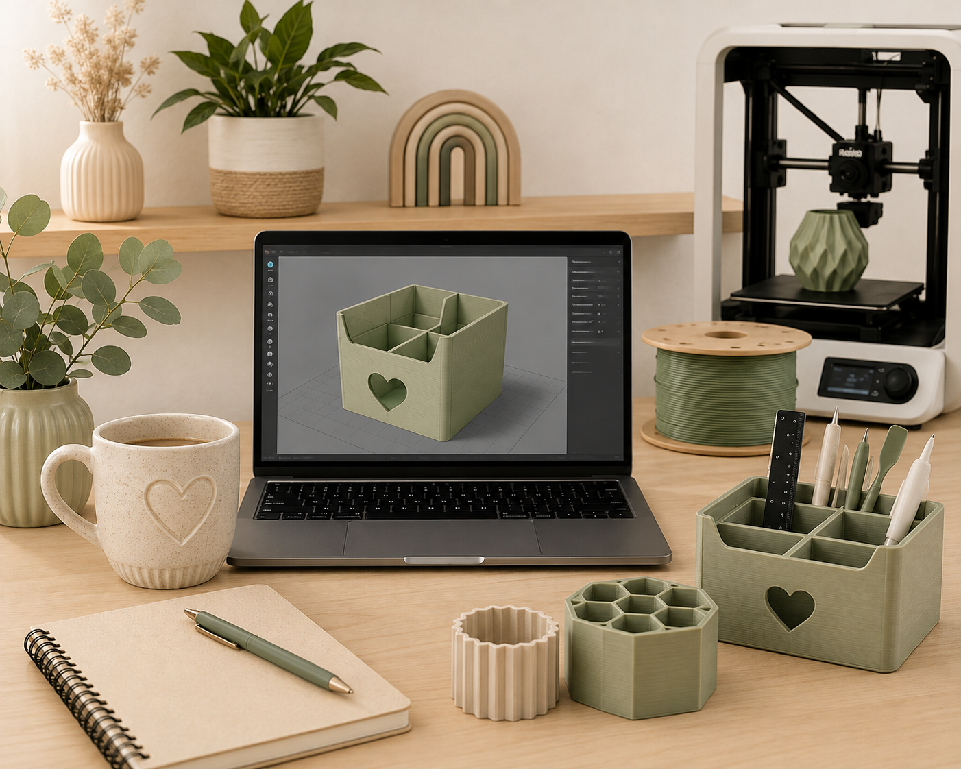 Arbeitsplatz mit 3D-Modell und 3D-Drucker für digitale DIY-Dateien