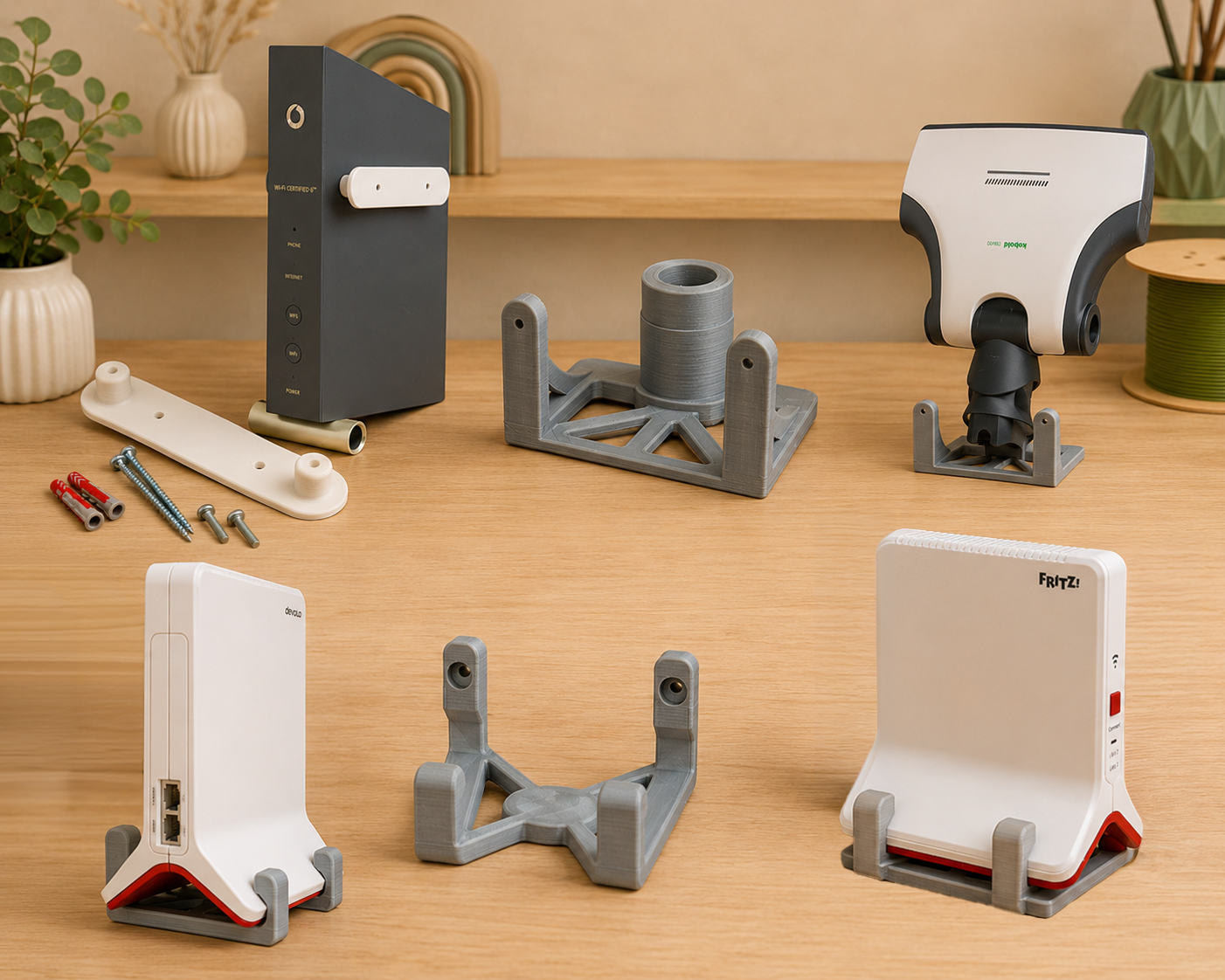 Fertige 3D-gedruckte Produkte und praktische Alltagshelfer auf einer Werkbank